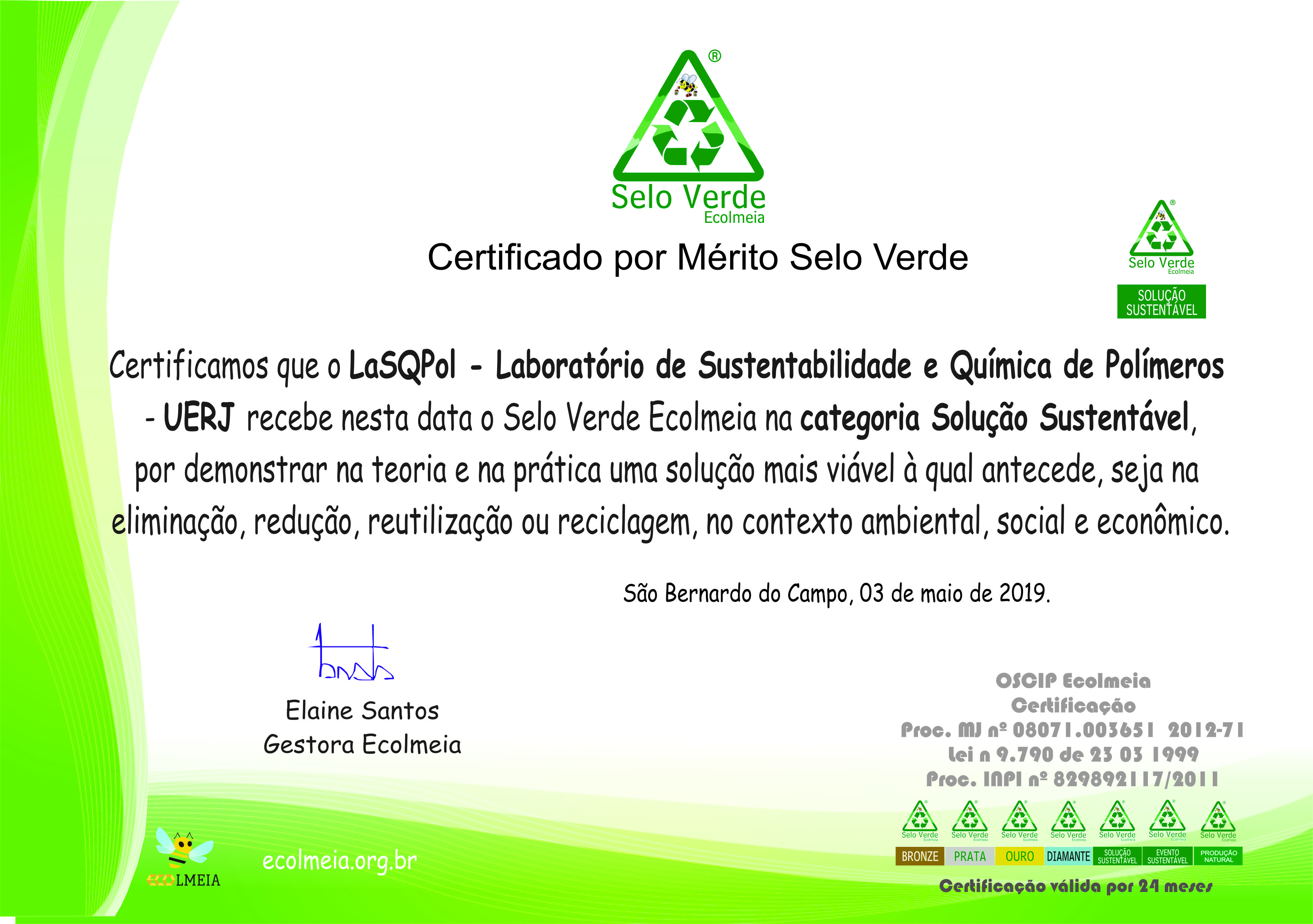 LaSQPol UERJ Certificado Solução Sustentável